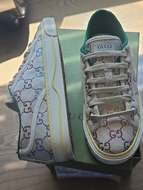 Gucci Multicolor Rhinestone GG Tennis Sneakers - Cream with Green Trim 40.5